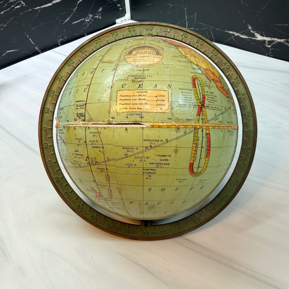 Antique 1920s Weber Costello Peerless 6" Terrestrial Globe Full Meridian Stand